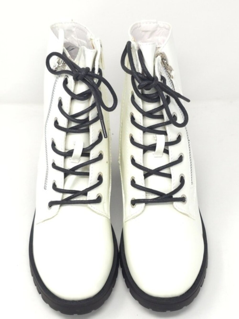 Combat Boots Chunky Heel Lace Up Side Zipper Faux Leather White Pat Ankle Boot - Picture 12 of 12